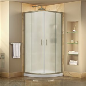DreamLine Prime Corner Sliding Shower Enclosure - Brushed Nickel - White Base Kit - Frosted Glass - 36-in