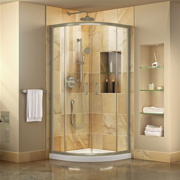 DreamLine Prime Semi-Frameless Corner Sliding Shower Enclosure in Brushed Nickel with White Base Kit - 33-in