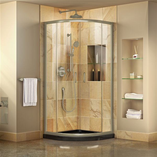 DreamLine Prime Semi-Frameless Corner Sliding Shower Enclosure in Brushed Nickel with Black Base Kit - 36-in