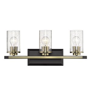 Luminaire de vanité à 3 ampoules Mercer en noir mat avec accents en laiton vieilli et verre grainé