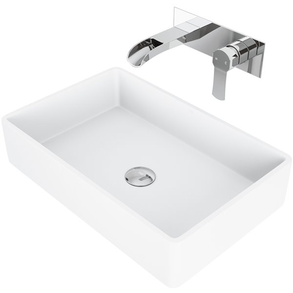 VIGO Magnolia&nbsp;14-in W x&nbsp;21-in L White Matte Stone Rectangle Vessel Bathroom Sink w/ Cornelius Faucet/Drain - Chrome