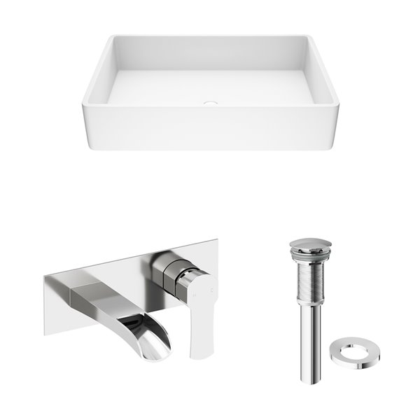 VIGO Magnolia&nbsp;14-in W x&nbsp;21-in L White Matte Stone Rectangle Vessel Bathroom Sink w/ Cornelius Faucet/Drain - Chrome