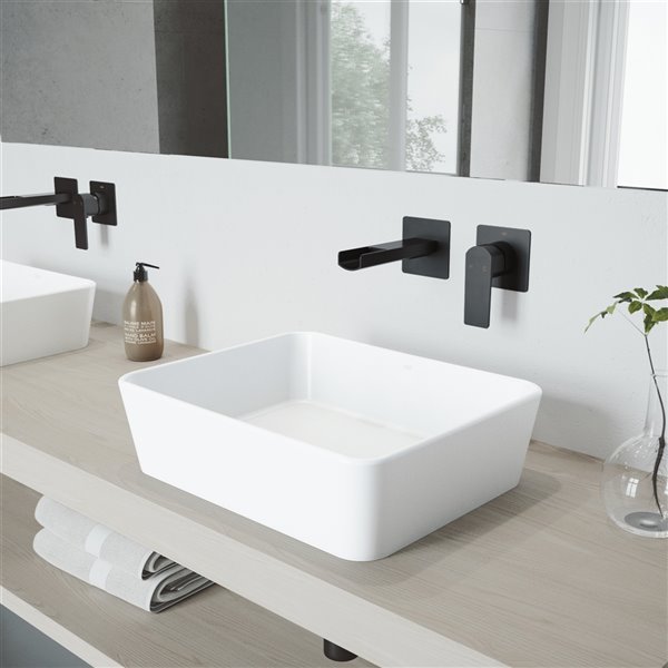 VIGO Marigold&nbsp;14-in W x&nbsp;18-in L White Matte Stone Rectangle Bathroom Vessel with Atticus Faucet/Drain - Matte Black