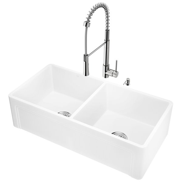 VIGO Matte Stone White Kitchen Sink with Stainless Steel Faucet