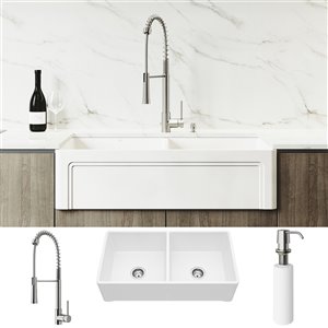 Évier de cuisine double Matte Stone de VIGO, robinet en acier inoxydable, 41 po x 25 po