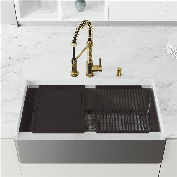 Oxford Stainless Steel Kitchen Sink with Matte Gold Faucet - Single Bowl - 41-in