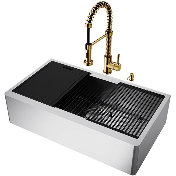 Oxford Stainless Steel Kitchen Sink with Matte Gold Faucet - Single Bowl - 41-in