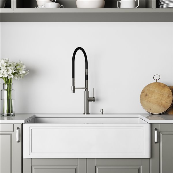 VIGO Matte Stone White Kitchen Sink with Stainless Steel Faucet