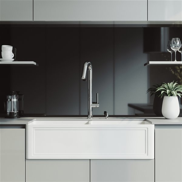 VIGO Matte Stone White Kitchen Sink with Chrome Faucet - Double Bowl ...