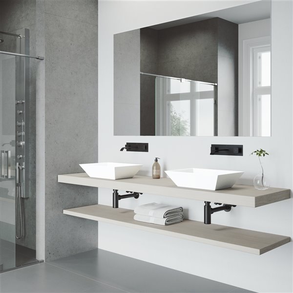 VIGO Vinca&nbsp;14-in W x&nbsp;18-in L White Matte Stone Rectangle Vessel Bathroom Sink with Titus Faucet/Drain - Matte Black