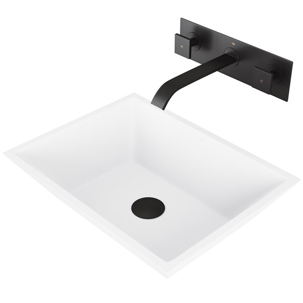 VIGO Vinca&nbsp;14-in W x&nbsp;18-in L White Matte Stone Rectangle Vessel Bathroom Sink with Titus Faucet/Drain - Matte Black