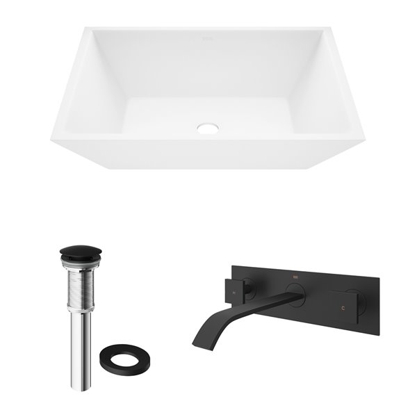 VIGO Vinca&nbsp;14-in W x&nbsp;18-in L White Matte Stone Rectangle Vessel Bathroom Sink with Titus Faucet/Drain - Matte Black