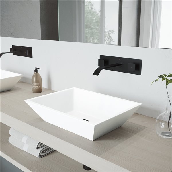 VIGO Vinca&nbsp;14-in W x&nbsp;18-in L White Matte Stone Rectangle Vessel Bathroom Sink with Titus Faucet/Drain - Matte Black