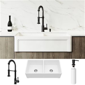 Évier de cuisine double blanc Matte Stone de VIGO,robinet noir mat,39 po x 25 po