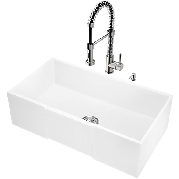 VIGO Matte Stone White Kitchen Sink with Stainless Steel Faucet