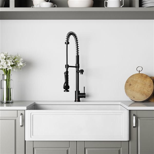 VIGO Matte Stone White Kitchen Sink with Matte Black Faucet-Single Bowl ...