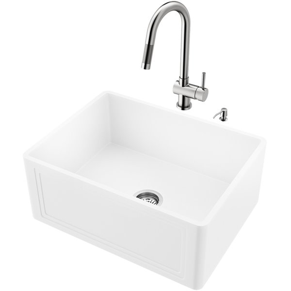 VIGO Matte Stone White Kitchen Sink with Stainless Steel Faucet