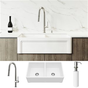 Évier de cuisine double Matte Stone de VIGO, robinet en acier inoxydable, 39 po x 25 po, blanc mat