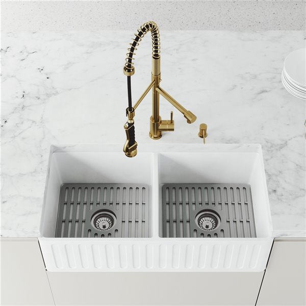 VIGO Matte Stone White Kitchen Sink with Matte Gold Faucet Double