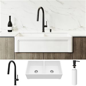 Évier de cuisine double de VIGO, robinet noir mat, 39 po x 25 po, blanc mat
