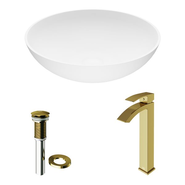 VIGO Lotus&nbsp;16-in dia. White Matte Stone Round Vessel Bathroom Sink with Duris Faucet/Drain - Matte Gold