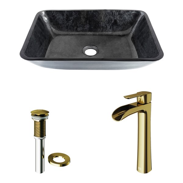 VIGO Onyx Grey Onyx Bathroom Sink - Matte Gold Faucet