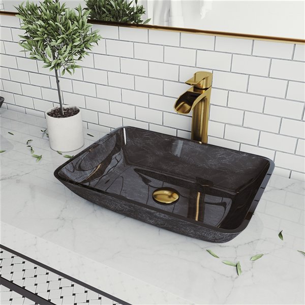 VIGO Onyx Grey Onyx Bathroom Sink - Matte Gold Faucet