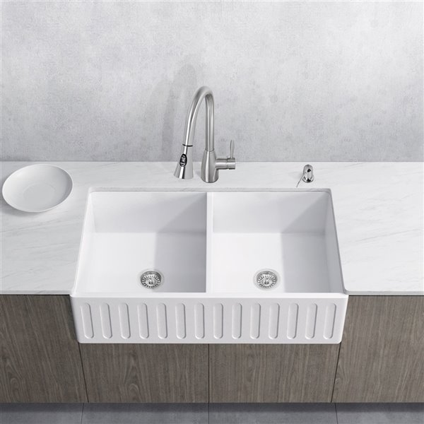 VIGO Matte Stone White Kitchen Sink with Stainless Faucet-Double Equal ...