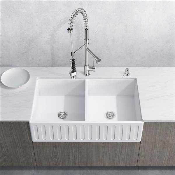 VIGO Matte Stone White Kitchen Sink with Stainless Steel Faucet