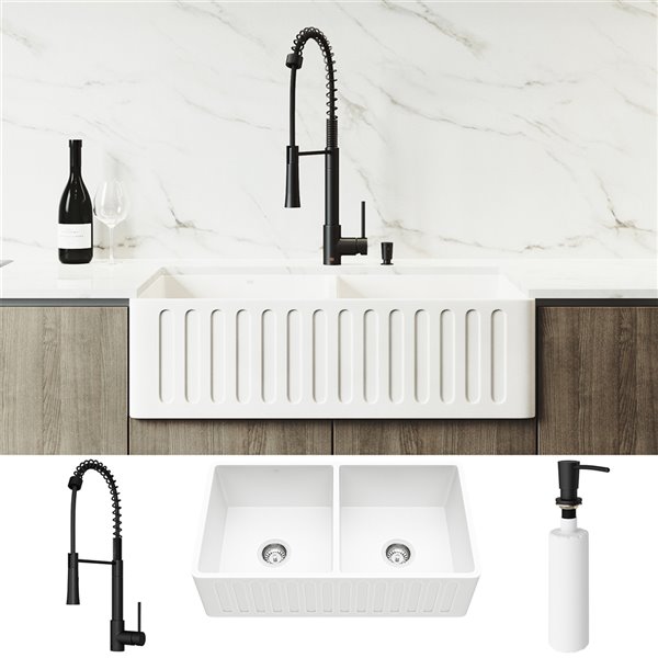 VIGO Matte Stone Kitchen Sink with Matte Black Faucet - Double Equal ...