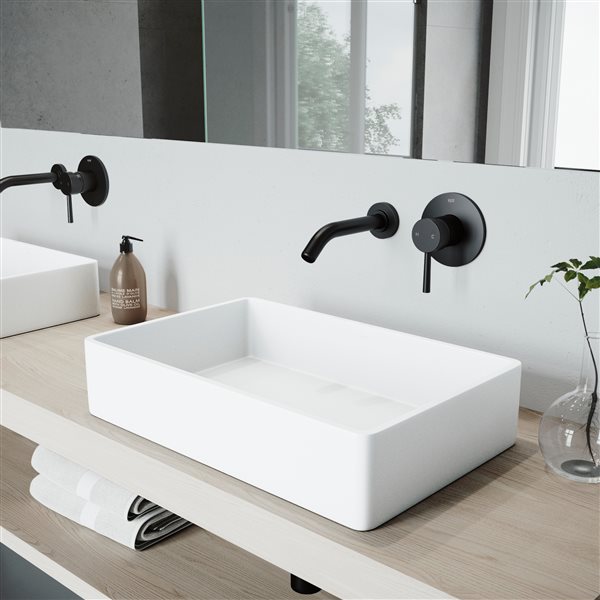 VIGO Magnolia&nbsp;14-in W x&nbsp;21-in L White Matte Stone Rectangle Vessel Bathroom Sink with Olus Faucet/Drain - Matte Black