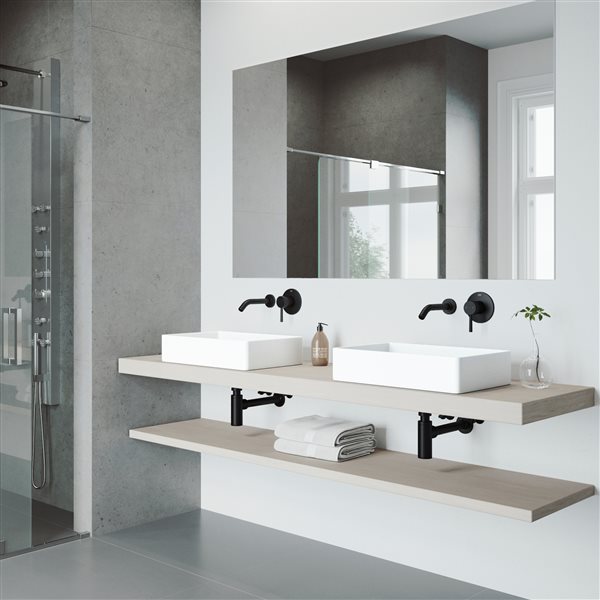 VIGO Magnolia&nbsp;14-in W x&nbsp;21-in L White Matte Stone Rectangle Vessel Bathroom Sink with Olus Faucet/Drain - Matte Black