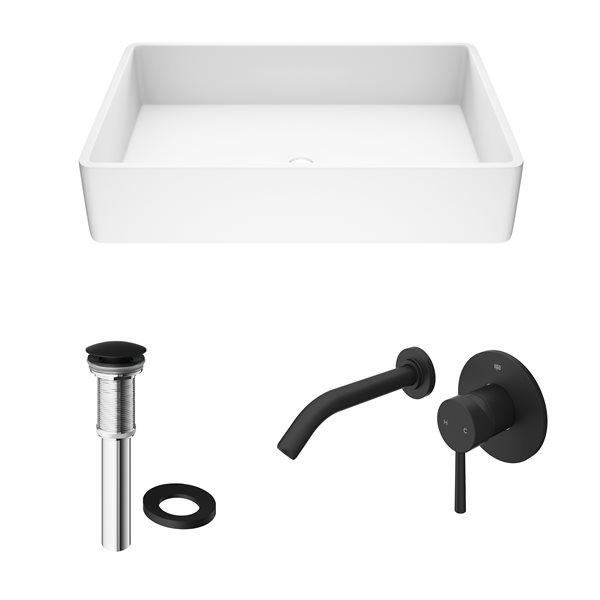 VIGO Magnolia&nbsp;14-in W x&nbsp;21-in L White Matte Stone Rectangle Vessel Bathroom Sink with Olus Faucet/Drain - Matte Black