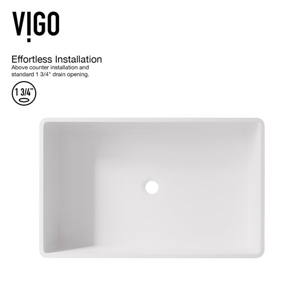 VIGO Magnolia&nbsp;14-in W x&nbsp;21-in L White Matte Stone Rectangle Vessel Bathroom Sink with Olus Faucet/Drain - Matte Black