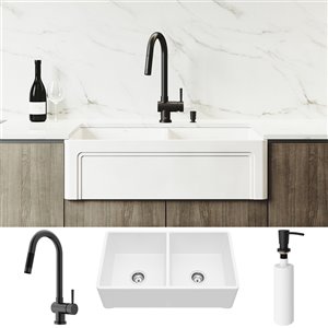 Évier de cuisine blanc mat Matte Stone de VIGO, robinet noir mat, 39 po x 25 po