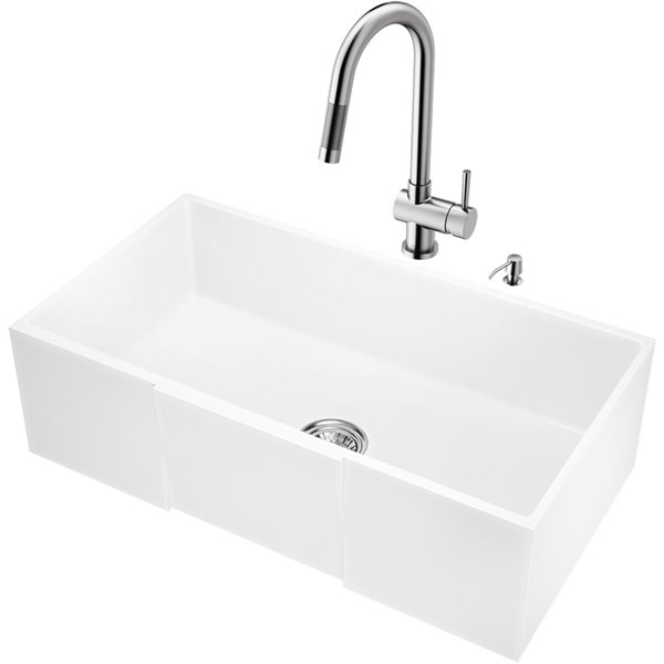 VIGO Matte Stone White Kitchen Sink with Stainless Steel Faucet - Single Bowl