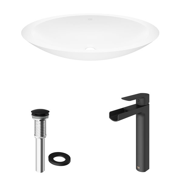 VIGO Wisteria White Bathroom Sink - 23.13-in - Matte Black Faucet