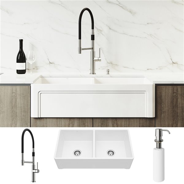 Vigo Matte Stone Kitchen Sink With Stainless Steel Faucet Double Bowl 39 In X 25 In Vg15808 Rona