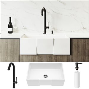 Évier de cuisine simple blanc mat Matte Stone de VIGO, robinet noir mat, 35 po x 25 po