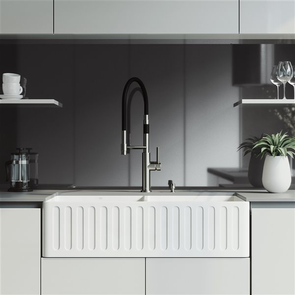 VIGO White Kitchen Sink with Stainless Steel Faucet Double Bowl 41