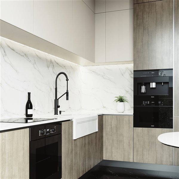 Matte Stone Kitchen Sink with Matte Black Faucet - Double Bowl - 39-in - White