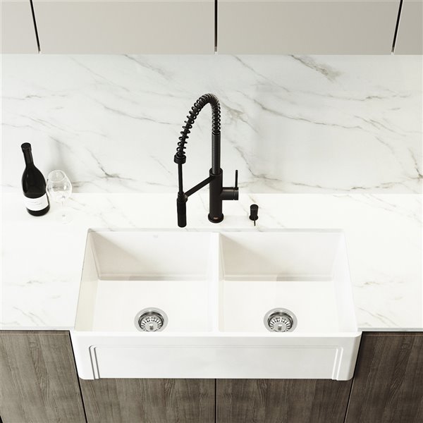 Matte Stone Kitchen Sink with Matte Black Faucet - Double Bowl - 39-in - White