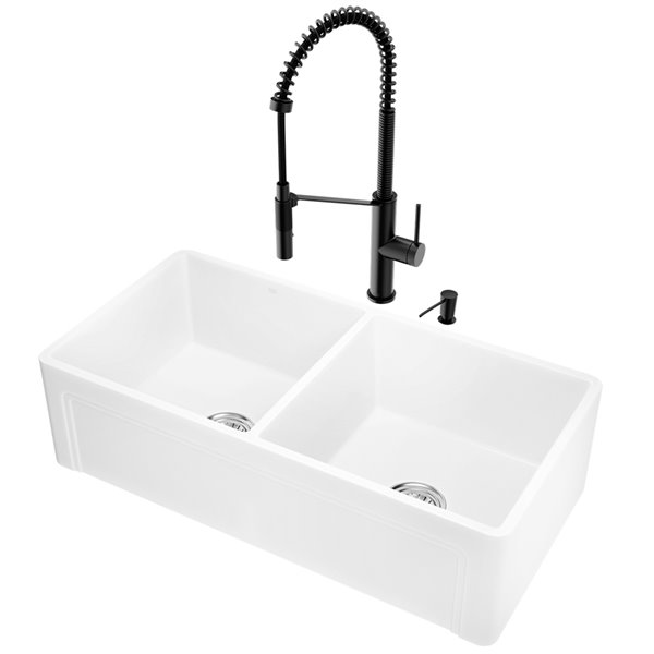 Matte Stone Kitchen Sink with Matte Black Faucet - Double Bowl - 39-in - White
