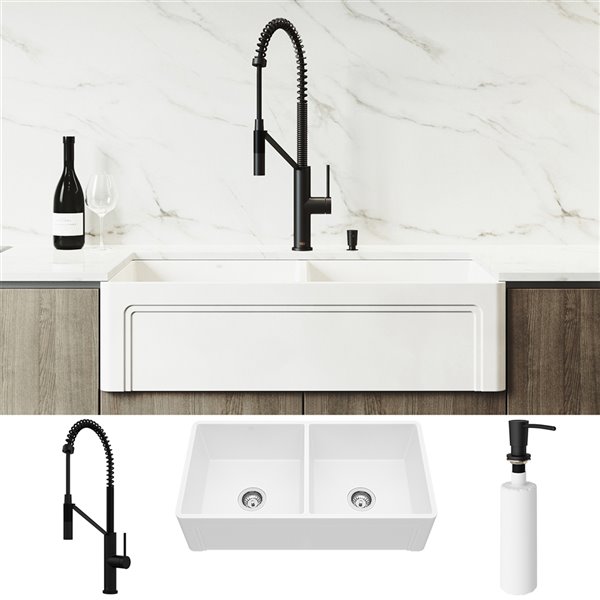 Matte Stone Kitchen Sink with Matte Black Faucet - Double Bowl - 39-in - White