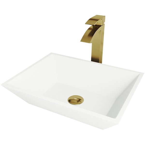 VIGO Vinca Matte White Bathroom Sink - Matte Gold Faucet