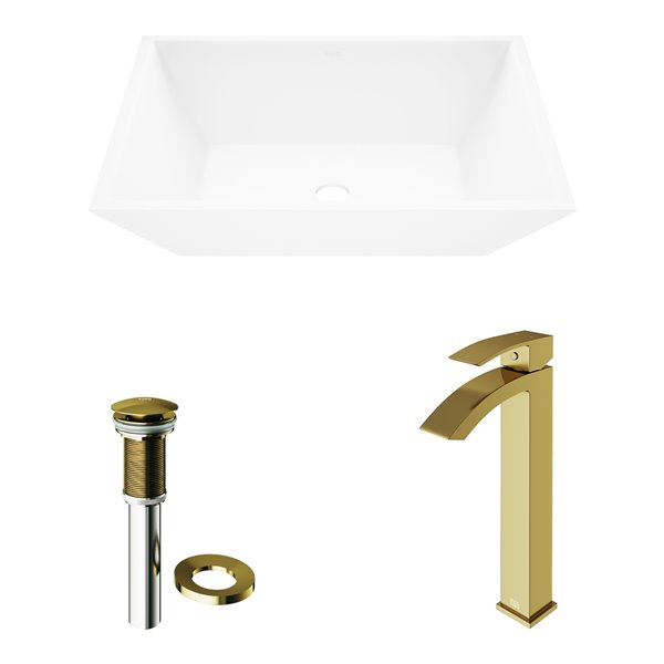 VIGO Vinca Matte White Bathroom Sink - Matte Gold Faucet