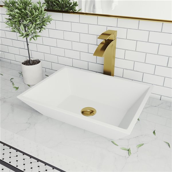 VIGO Vinca Matte White Bathroom Sink - Matte Gold Faucet