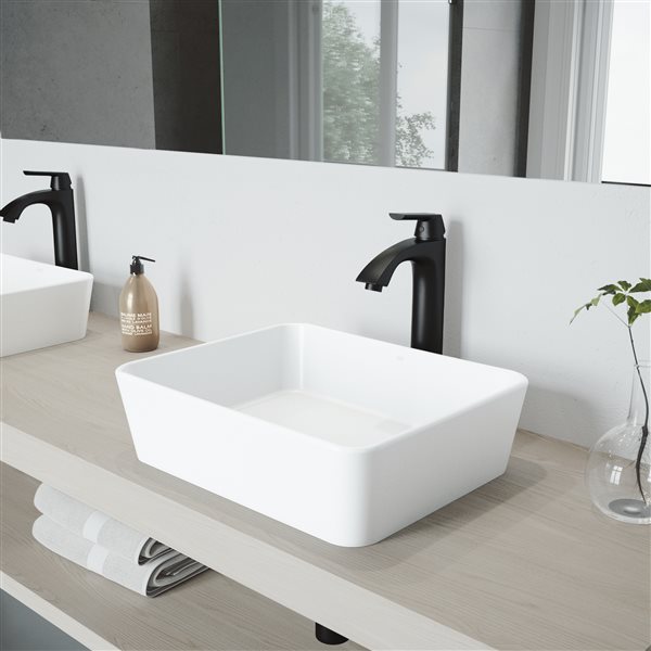 VIGO Marigold Matte White Bathroom Sink - Matte Black Faucet