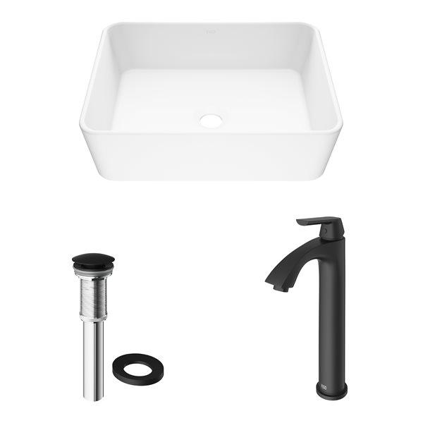 VIGO Marigold Matte White Bathroom Sink - Matte Black Faucet