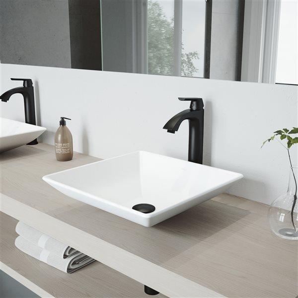 VIGO Hibiscus&nbsp;16-in Matte White Stone Square Vessel Bathroom Sink with Linus Faucet/Drain - Matte Black
